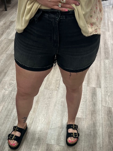 Washed Black Cuffed Raw Hem Denim Shorts