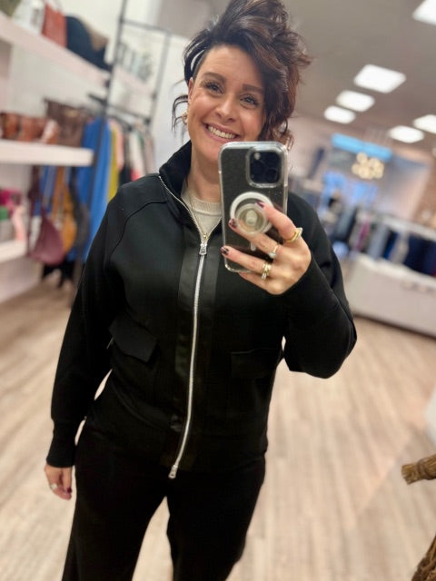 Saruna Soft Knit With Satin Trim Mock Neck Jacket in Black