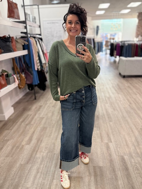 Ribbed V-Neck Drop Shoulder Top in Dark Olive