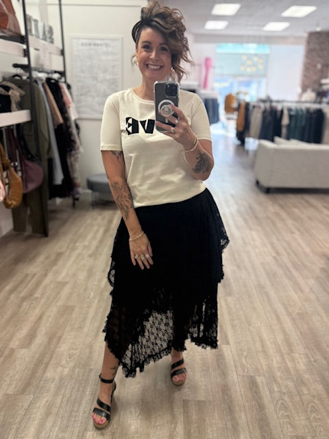 Lace Tier Midi Skirt in Black