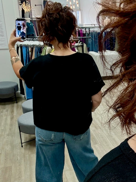 Oversized Slub Hacci Top With Pocket in Black