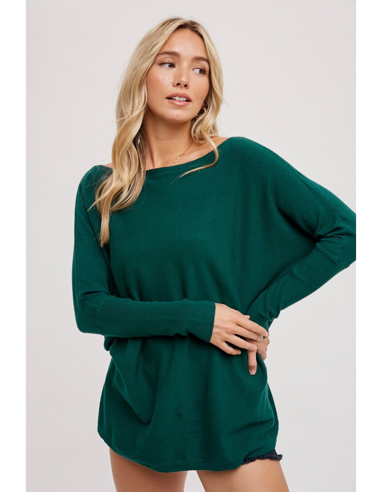 Flowy Boatneck Dolman Tunic in Hunter Green