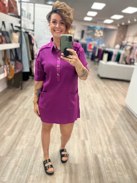 Waffle Half Button Dress With Pockets in Light Plum
