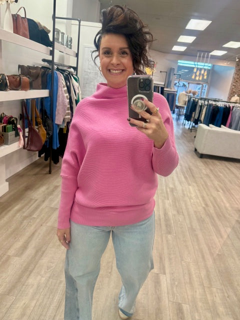 Dolman Sleeve Mock Neck Sweater in Candy Pink