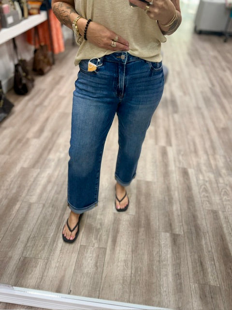 Risen Mid Rise Ankle Boyfriend Turned Up Cuffed Jeans in Dark