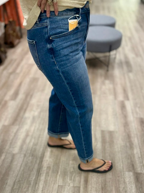 Risen Mid Rise Ankle Boyfriend Turned Up Cuffed Jeans in Dark