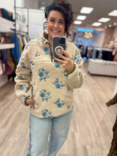 Poppy Mock Neck Anorak Jacket in Cream Blue