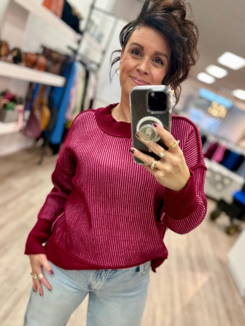 Wine Velvet Rib Sweater in Cabernet/Candy Pink