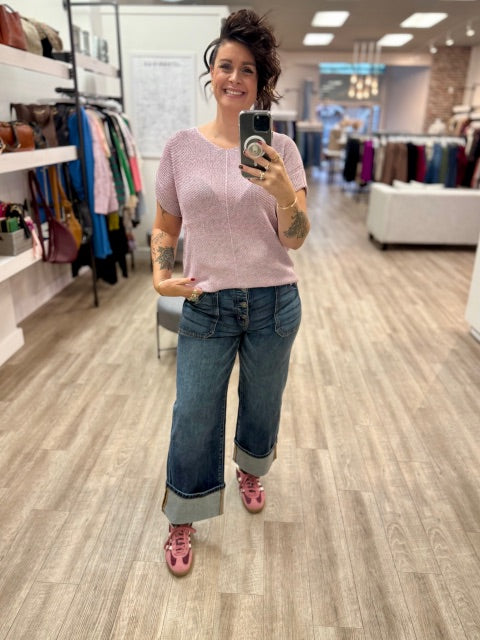 Center Seam Short Sleeve Sweater in Pink Grey