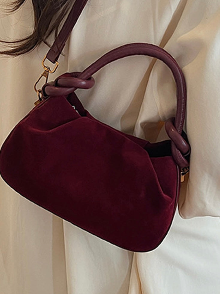 Rouched Faux Suede Tote in Black, Cabernet and Camel