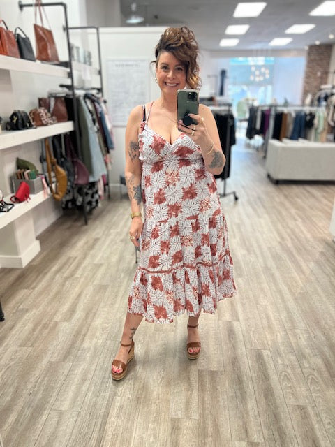 Printed Cotton Voile Ruffle Bottom Dress in Cappuccino