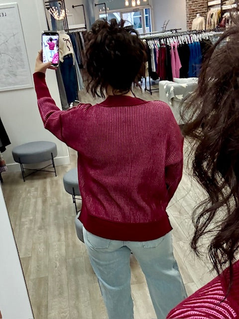 Wine Velvet Rib Sweater in Cabernet/Candy Pink