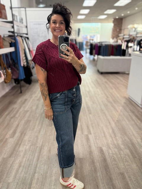 Cable Knit Short Sleeve Sweater in Cabernet