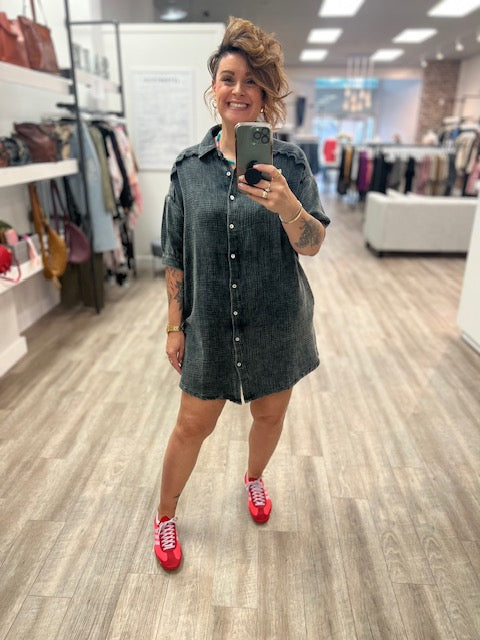 Washed Double Gauze Button Down Shirt Dress in Ash Black