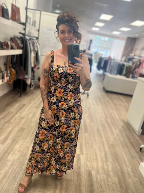 Floral Smocked Tiered Maxi Dress in Black/Dusty Coral