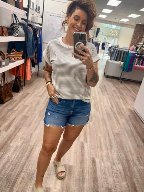 The Sweetheart Stripe Tee in Heather Grey