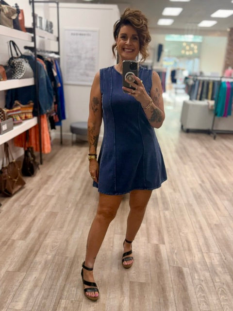 The Indigo Contour French Terry Dress in Denim Blue