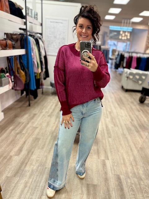 Wine Velvet Rib Sweater in Cabernet/Candy Pink