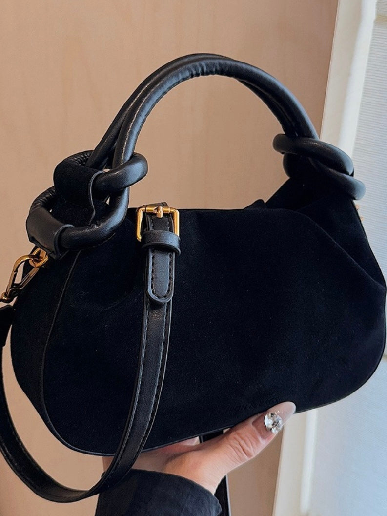 Rouched Faux Suede Tote in Black, Cabernet and Camel