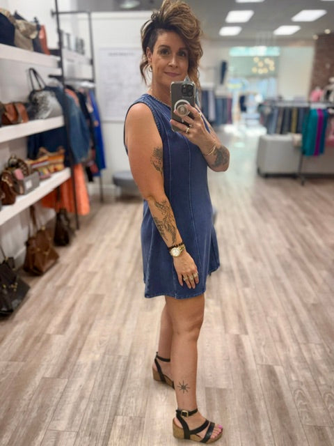 The Indigo Contour French Terry Dress in Denim Blue