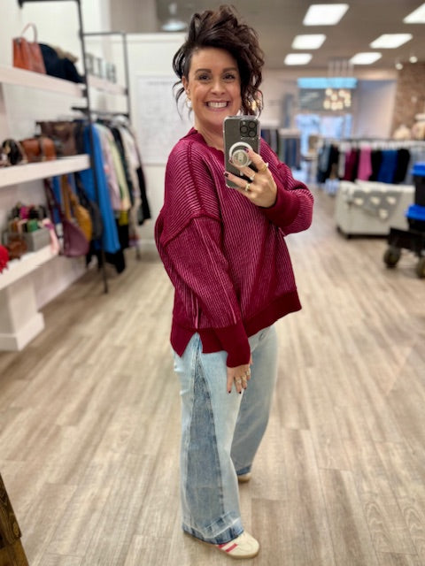 Wine Velvet Rib Sweater in Cabernet/Candy Pink