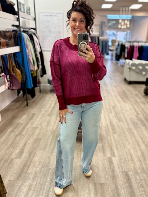 Wine Velvet Rib Sweater in Cabernet/Candy Pink