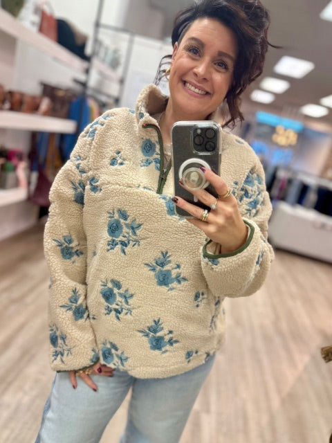 Poppy Mock Neck Anorak Jacket in Cream Blue