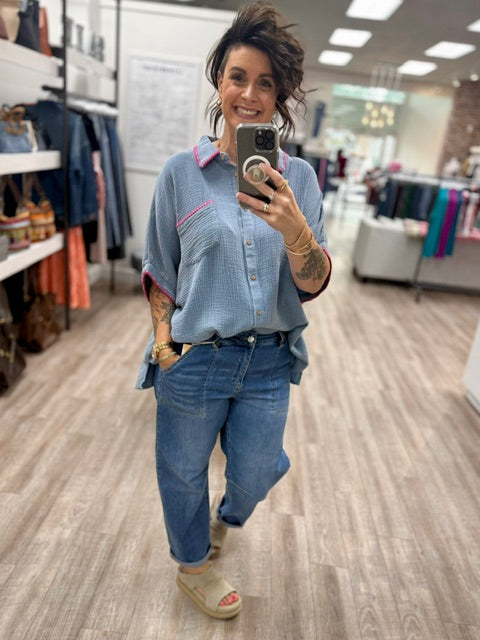 Pink Stitch Button-Up in Washed Denim