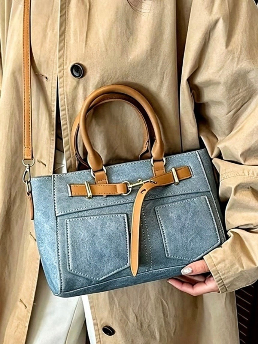 Denim Patch Pocket Tote Bag in Ivory, Black and Brown