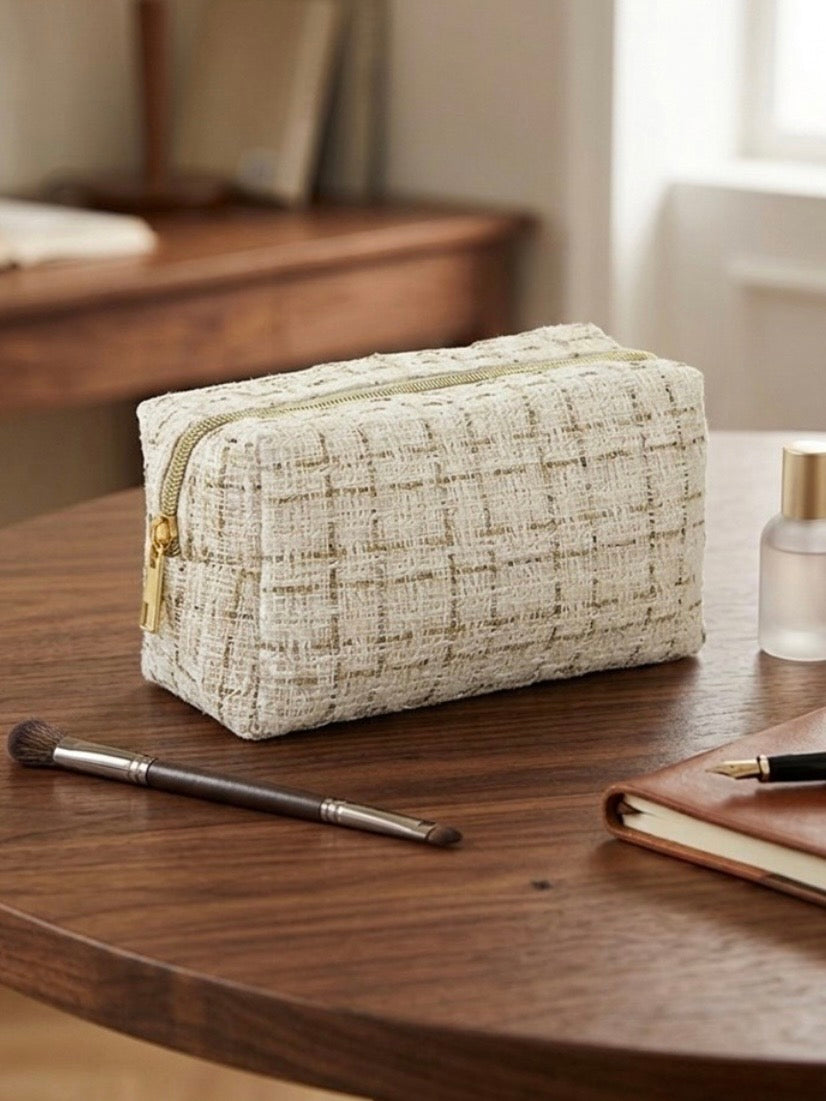 Gold/Black and Gold/Ivory Checkered Pattern Woven Cosmetic Bags