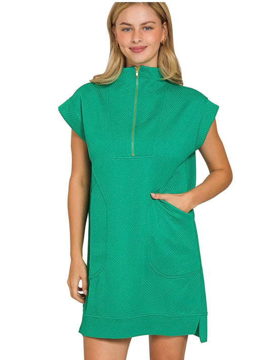 Textured Quarter Zipper Dress in Kelly Green