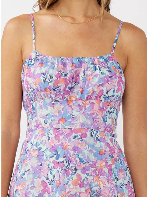 Spaghetti Strap Gathered Bust Midi Dress in Light Blue/Plum