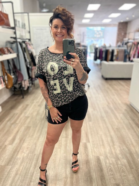 Floral Print LOVE Graphic Tee in Black