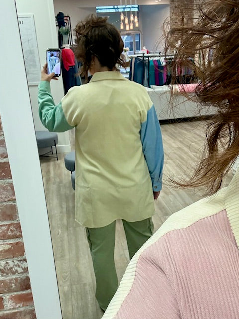 The Pastel Patchwork Shacket in Blush, Ivory, Sage and Blue