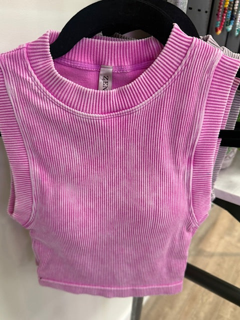 Ribbed Crop Top with Removable Pads in Violet, Deep Sky, Kelly Green, Bright Mauve, Plum, Teal and Sleet