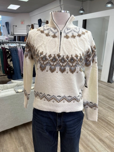 Fair Isle Half-Zip Knit Sweater in Calla Lily