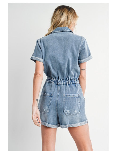 Washed Denim Short Sleeve Romper in Medium Wash