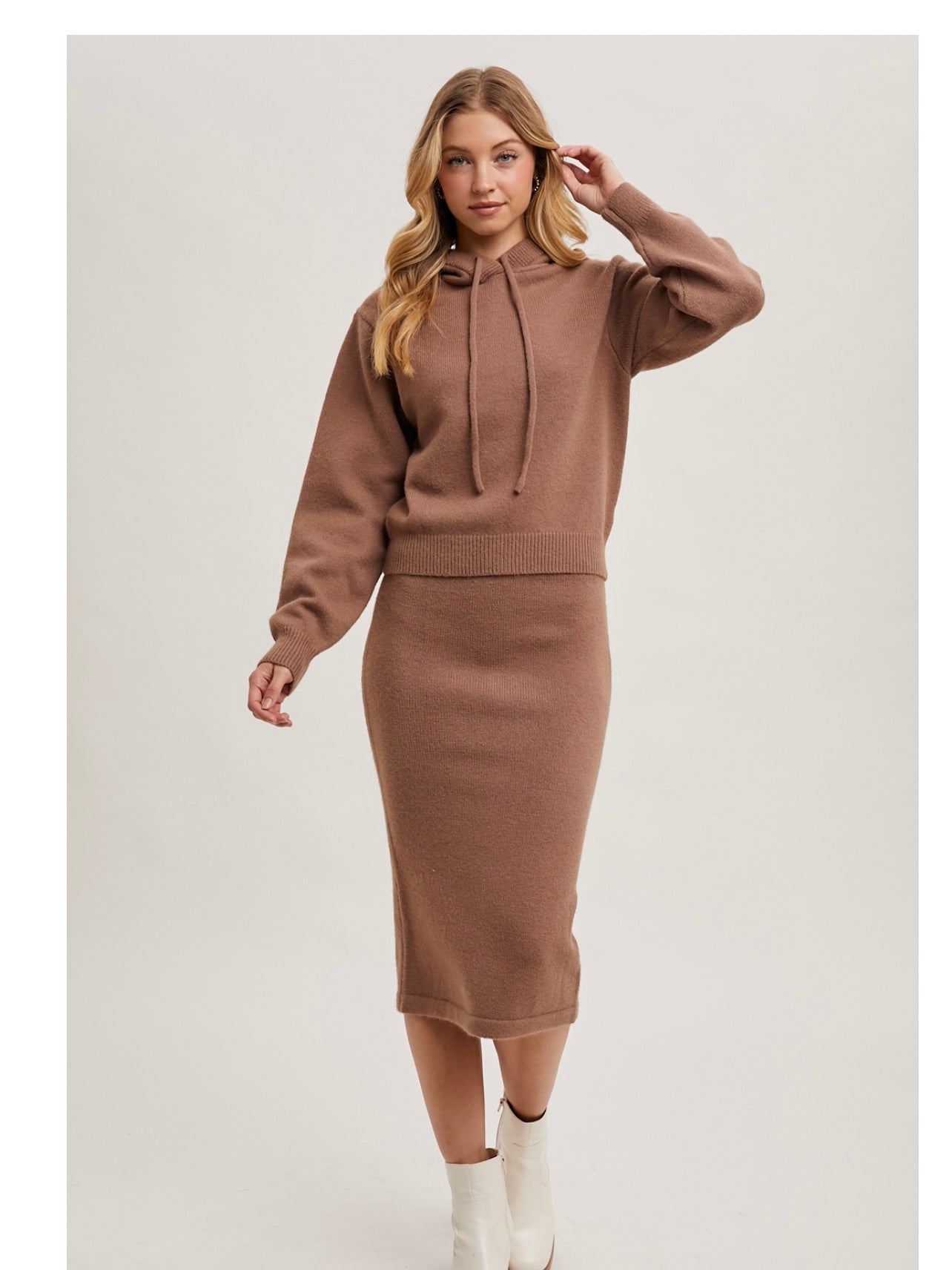 Knit Hoodie Top and Pencil Skirt Set in Mocha