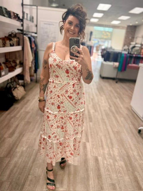 Rosewater Ruffle Midi Dress in Red