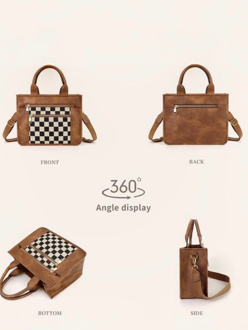 Checkered Tote Bag in Black and Camel