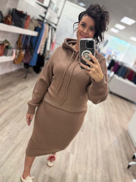 Knit Hoodie Top and Pencil Skirt Set in Mocha