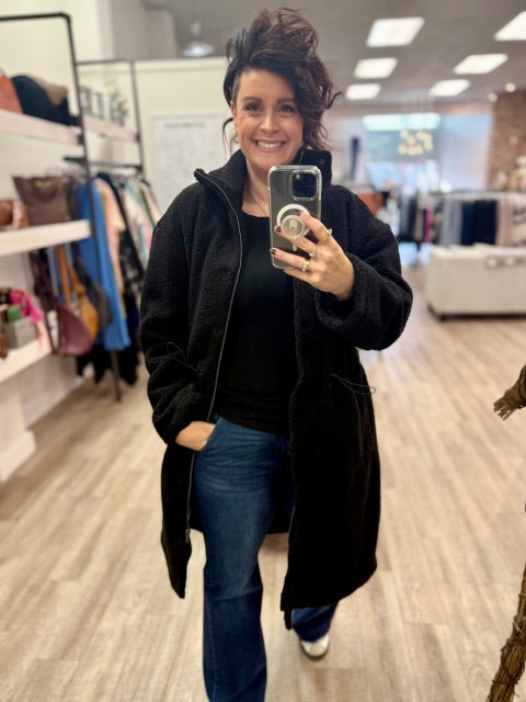 Mila Long Sherpa Jacket with Drawstring Waist in Black