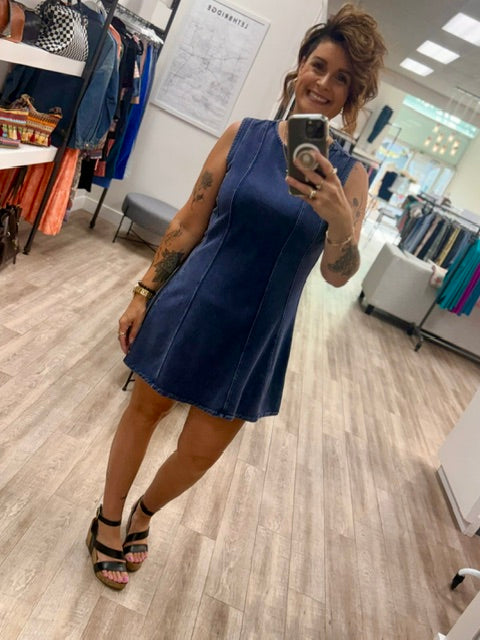 The Indigo Contour French Terry Dress in Denim Blue