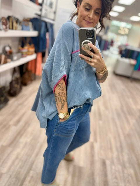 Pink Stitch Button-Up in Washed Denim
