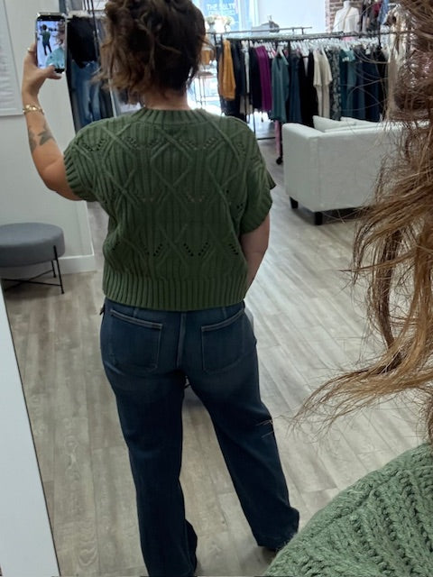 Cable Knit Short Sleeve Sweater in Light Olive