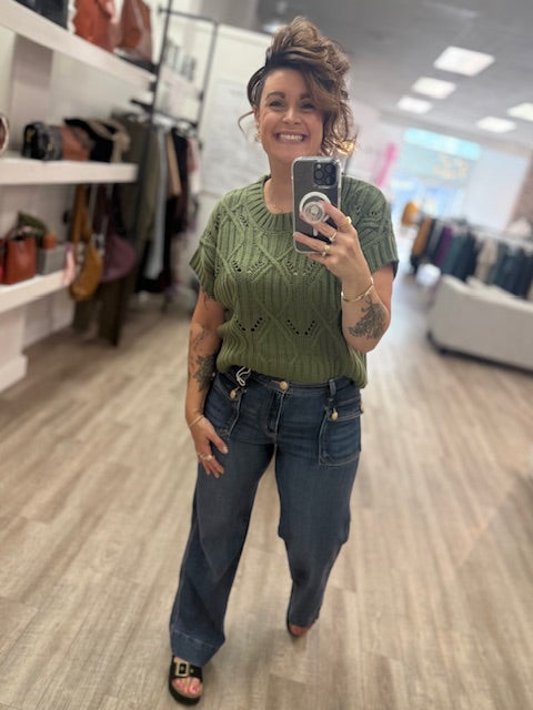 Cable Knit Short Sleeve Sweater in Light Olive