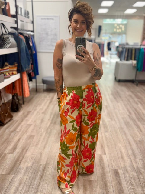 Tropical Bloom Palazzo Pants in Natural