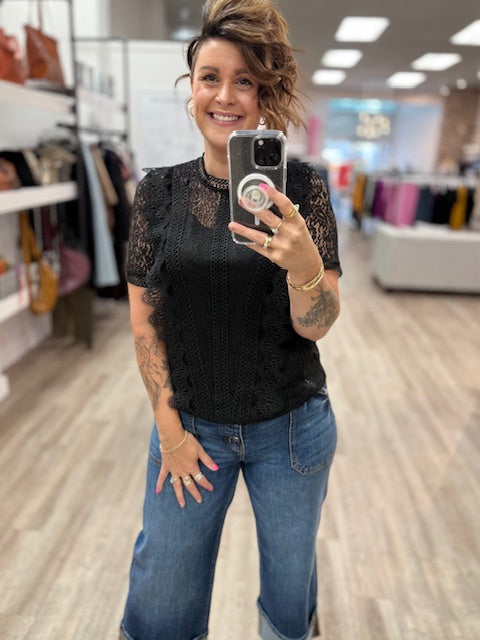 Mock Neck Button Back Lace Top with Lining in Black