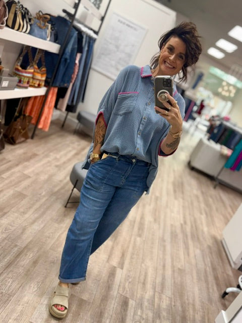 Pink Stitch Button-Up in Washed Denim