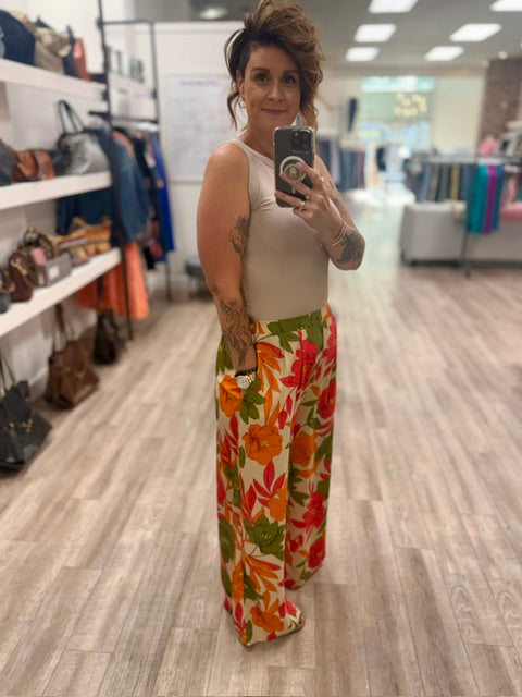 Tropical Bloom Palazzo Pants in Natural